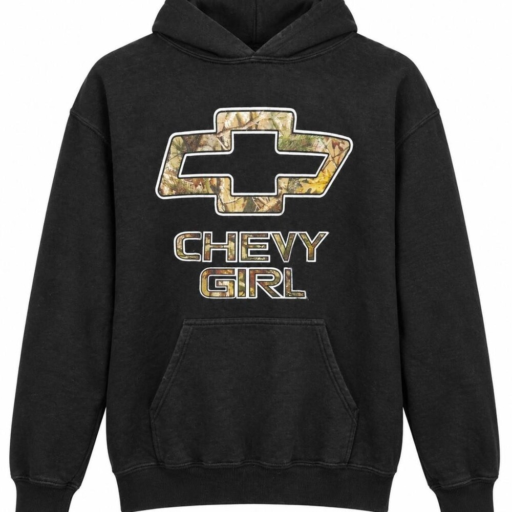 Black Chevy hoodie with camouflage Chevrolet logo and 'CHEVY GIRL' text, size M.